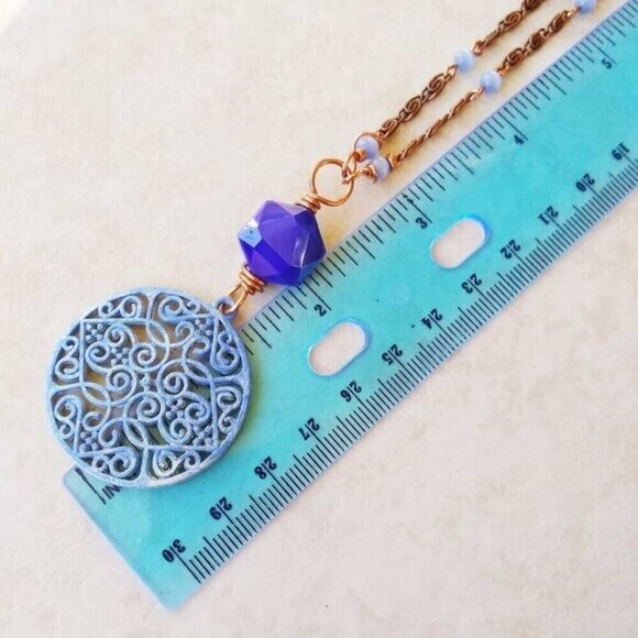 NEW! Patina Hand Painted Medallion + Blue Catseye + Copper Bohemian Necklace - Picture 7 of 10